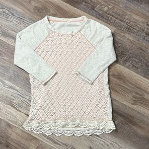 Elegant Lace-Trimmed Pink and Cream Sweater